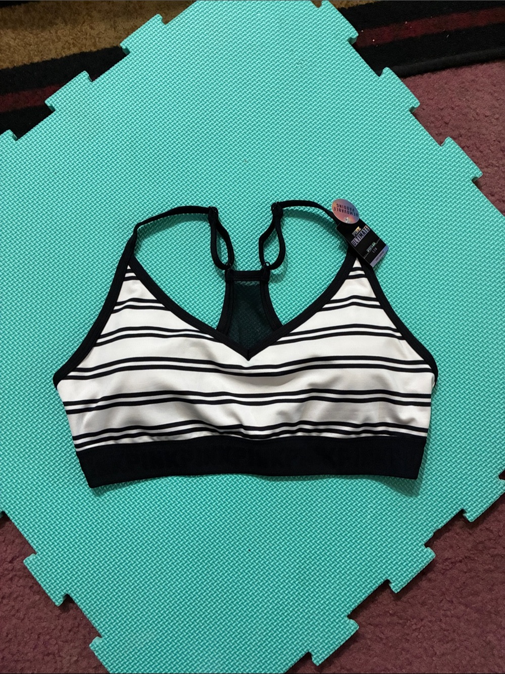 New PINK Victoria's Secret Black & White Striped Racerback Sports Bra